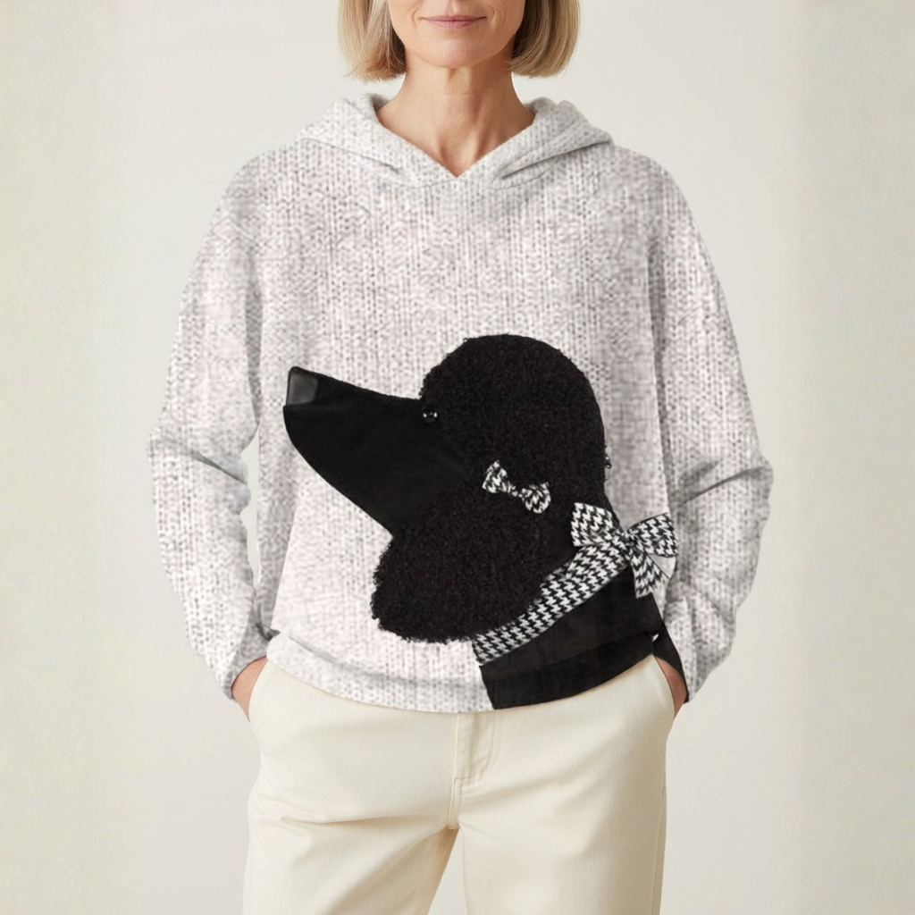 Pull en coton gris avec motif caniche et nœud pied-de-poule