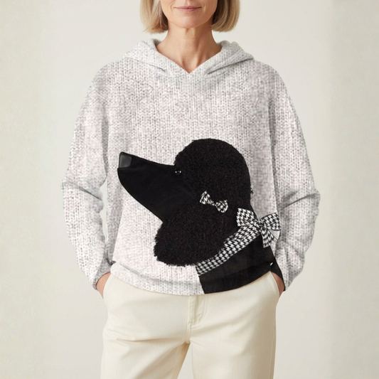 Maglione in cotone grigio con disegno barboncino e fiocco pied de poule