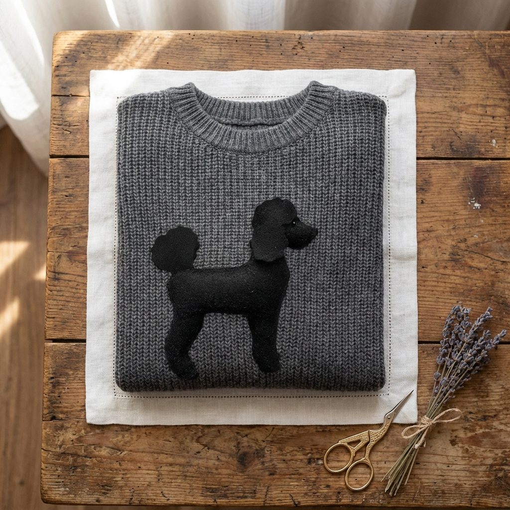 Grauer Baumwollpullover mit Pudel-Silhouette-Design