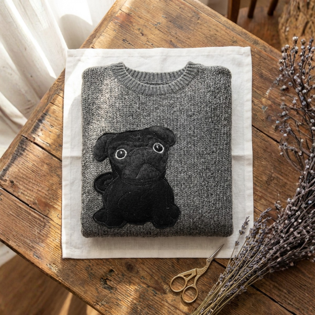 Baumwollpullover Grau mit Mops-Design
