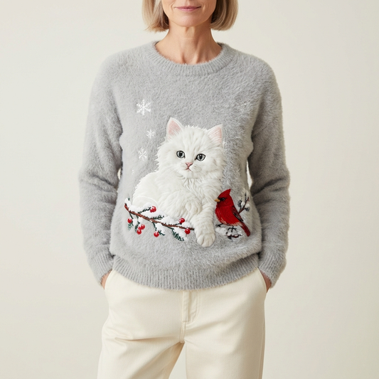 Maglione in cotone grigio con disegno gatto bianco e cardinale