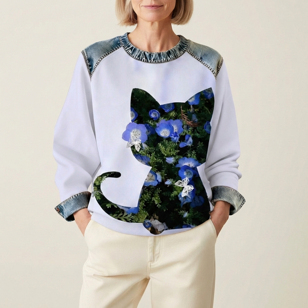 Pull en coton lavande avec motif chat et fleur bleue