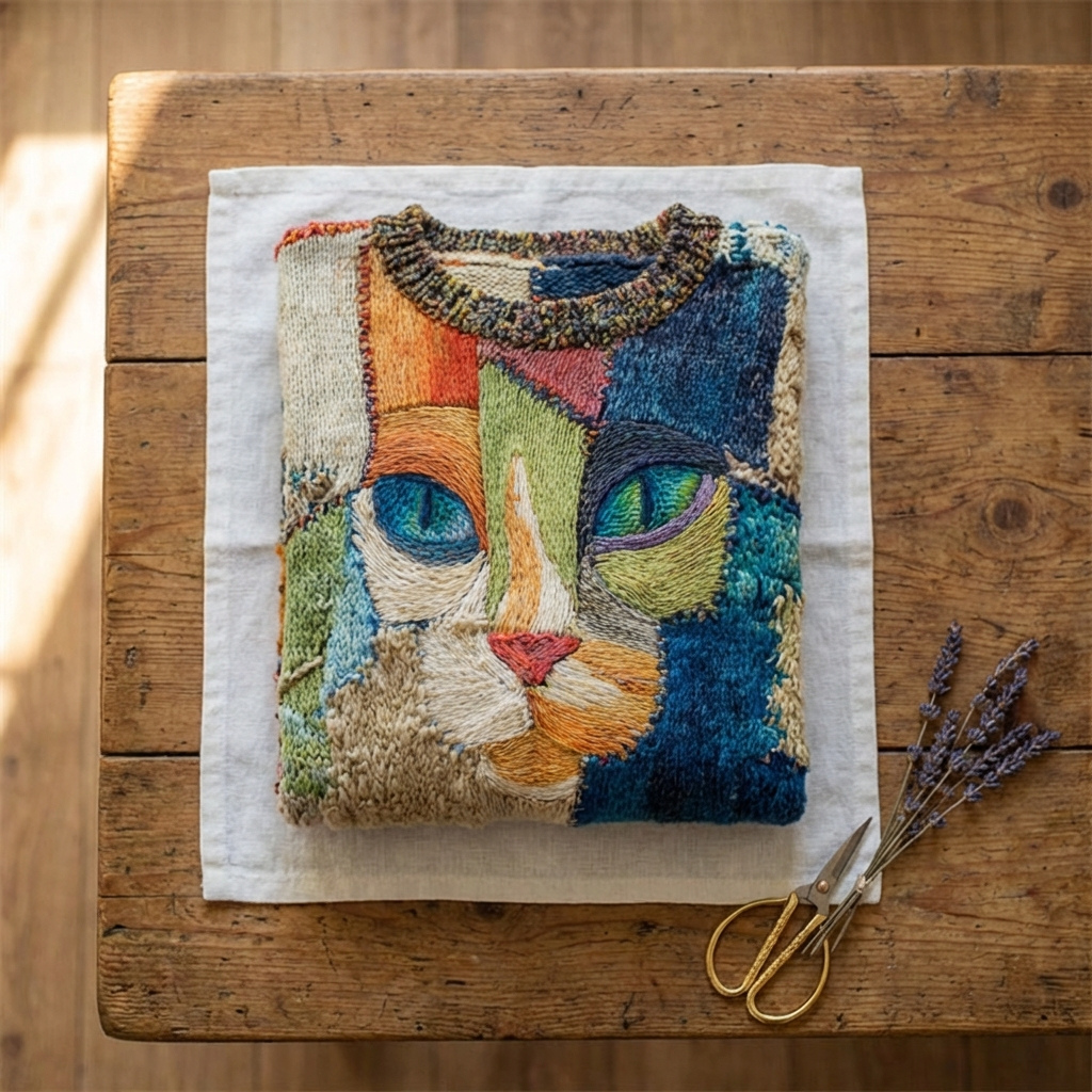 Pull en coton multicolore avec motif chat abstrait