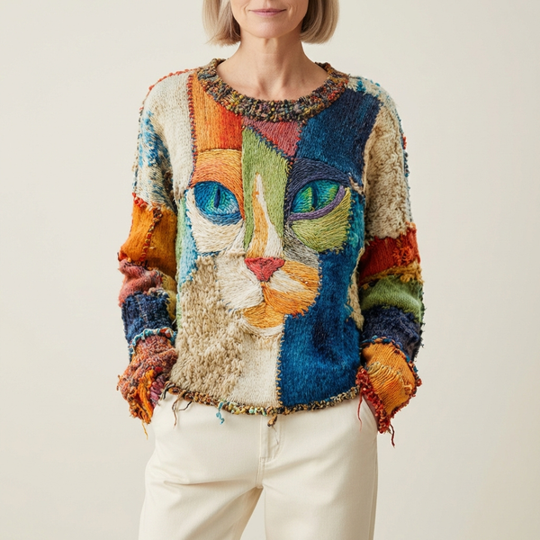 Jersey De Algodón Multicolor Con Diseño De Gato Abstracto