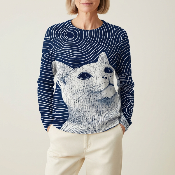 Pull en coton bleu marine avec motif chat blanc et vagues