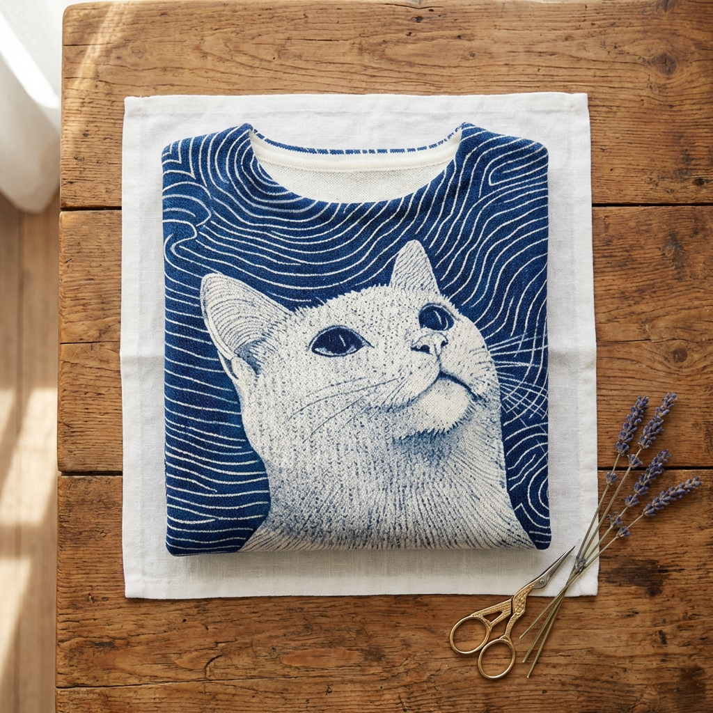 Maglione in cotone blu scuro con motivo a gatto bianco e onde