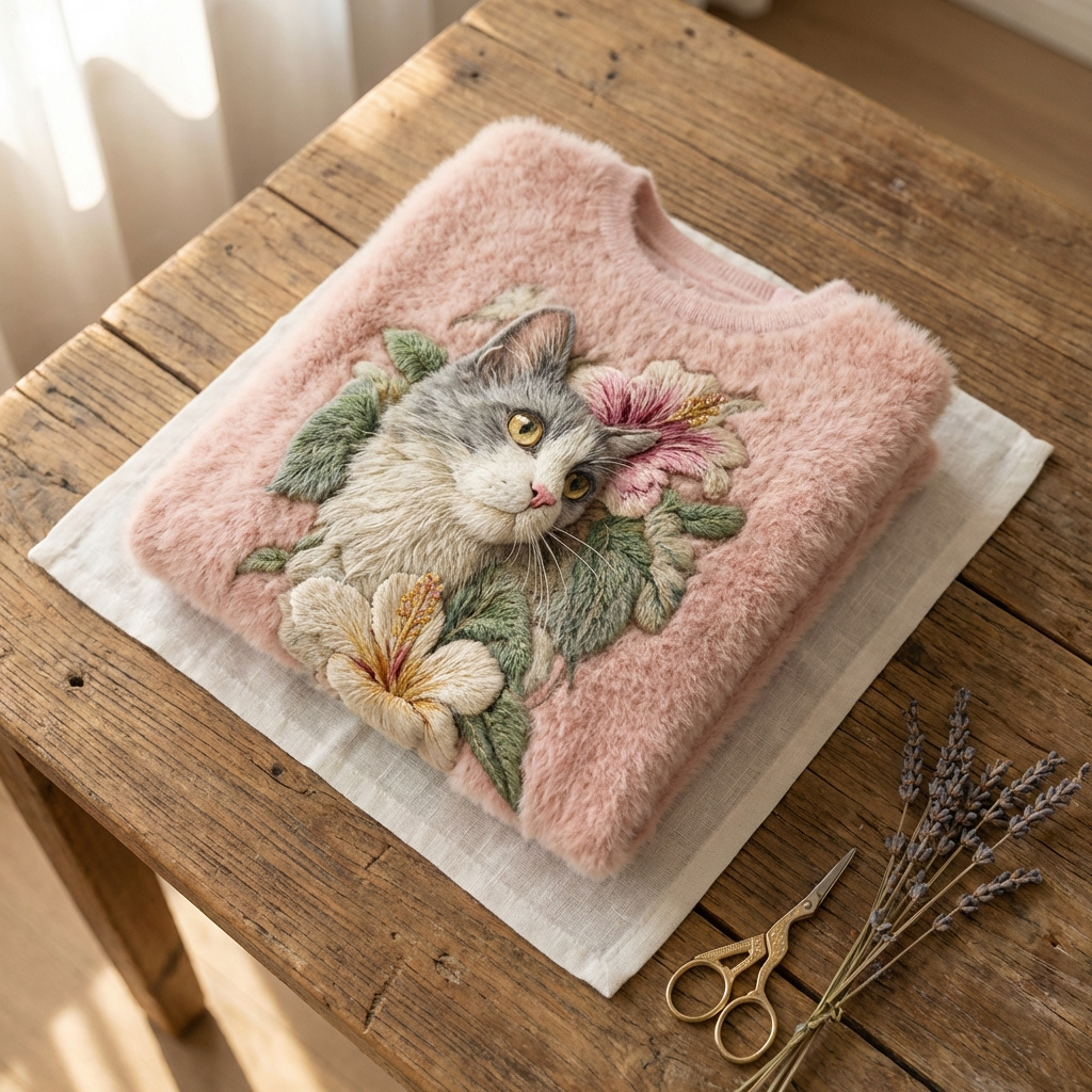 Baumwollpullover in Rosa mit grauem Katzen- und Blumenmuster