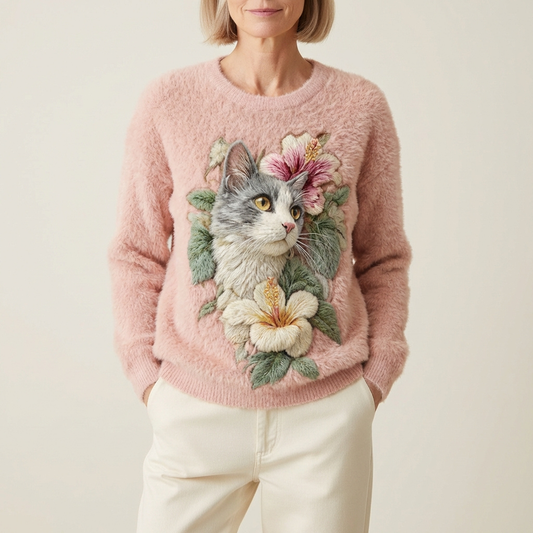 Maglione in cotone rosa con disegno di gatto e fiori grigi