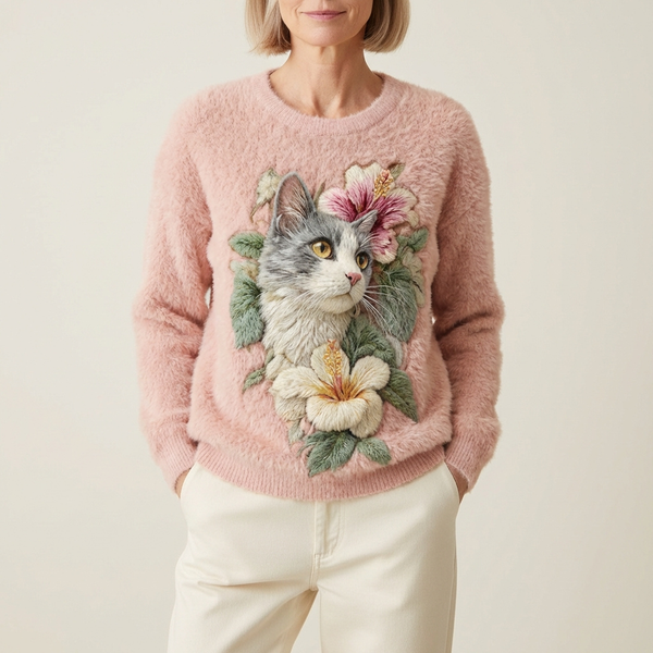 Pull en coton rose avec motif chat et fleur gris