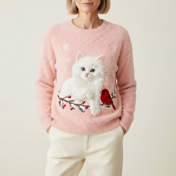 Pull en coton rose avec chat blanc et motif cardinal