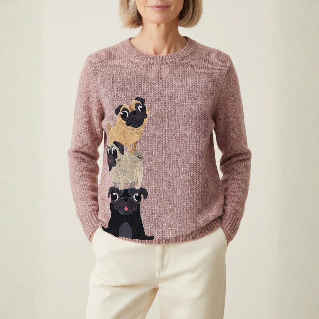 Baumwollpullover Rose mit Mops-Stack-Design