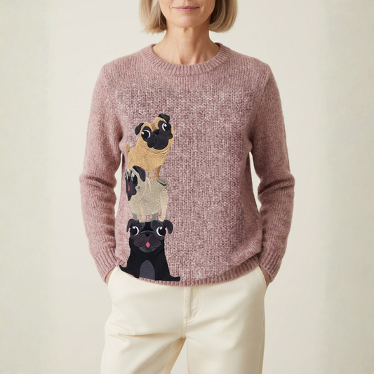 Maglione in cotone rosa con design a pila di carlini