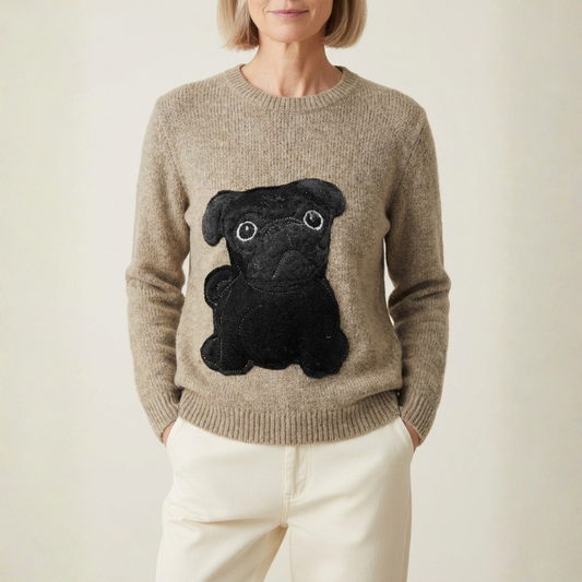 Maglione in cotone marrone chiaro con disegno di carlino nero