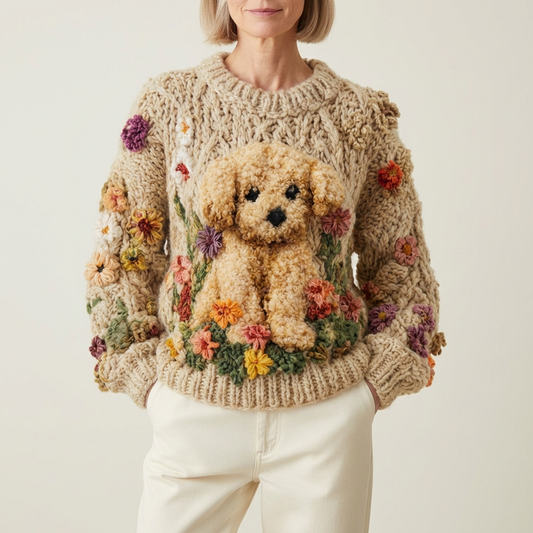 Maglione in cotone marrone chiaro con motivo Goldendoodle e fiori