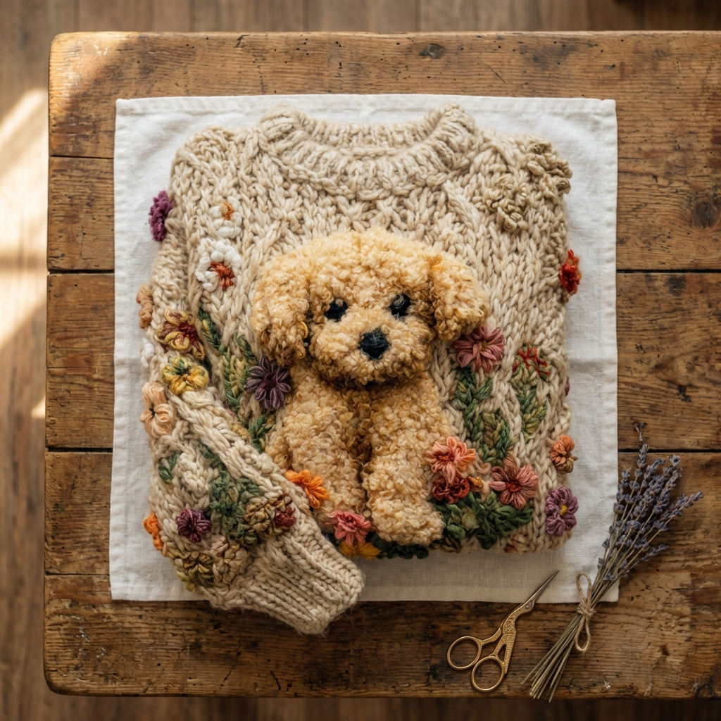 Pull en coton beige avec motif Goldendoodle et fleurs