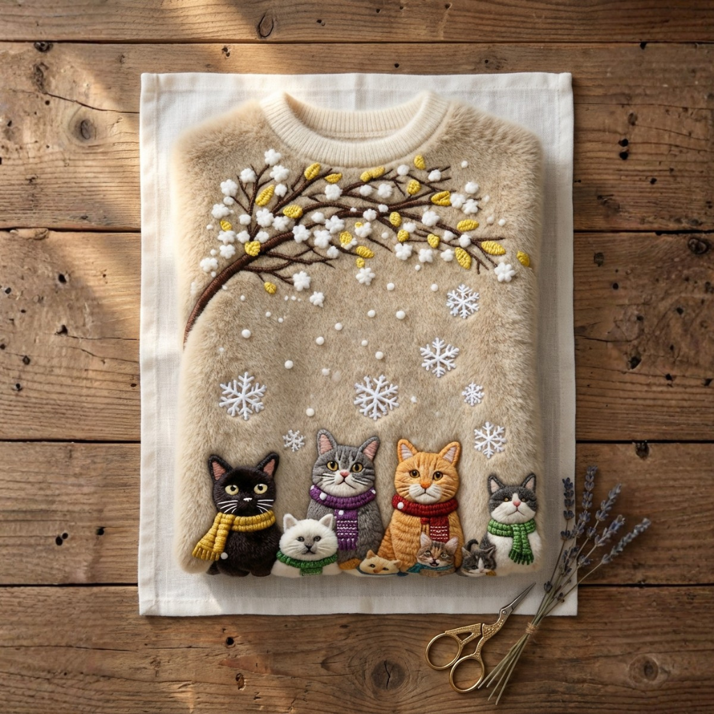 Pull en coton beige avec plusieurs chats, motif arbre d'hiver