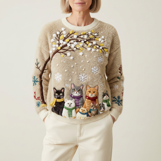 Maglione in cotone marrone chiaro con design ad albero invernale con più gatti