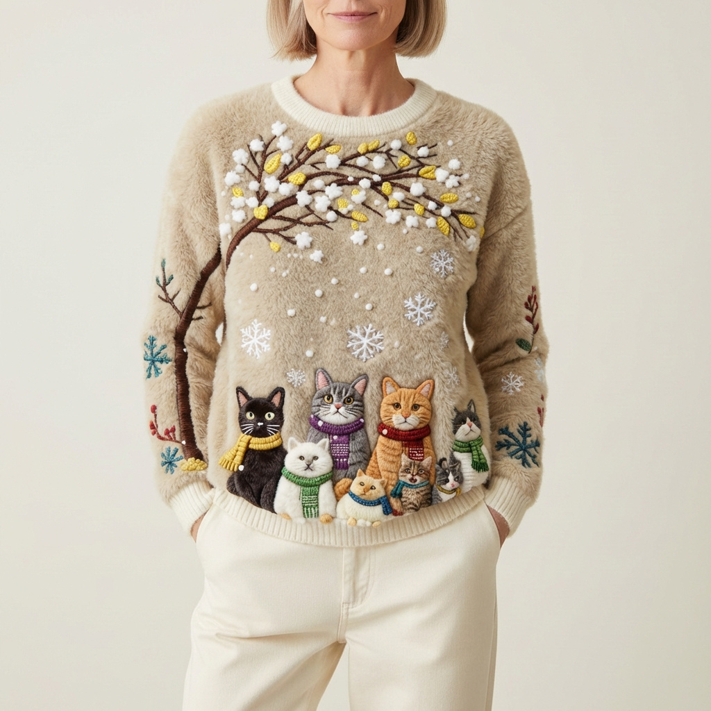 Pull en coton beige avec plusieurs chats, motif arbre d'hiver