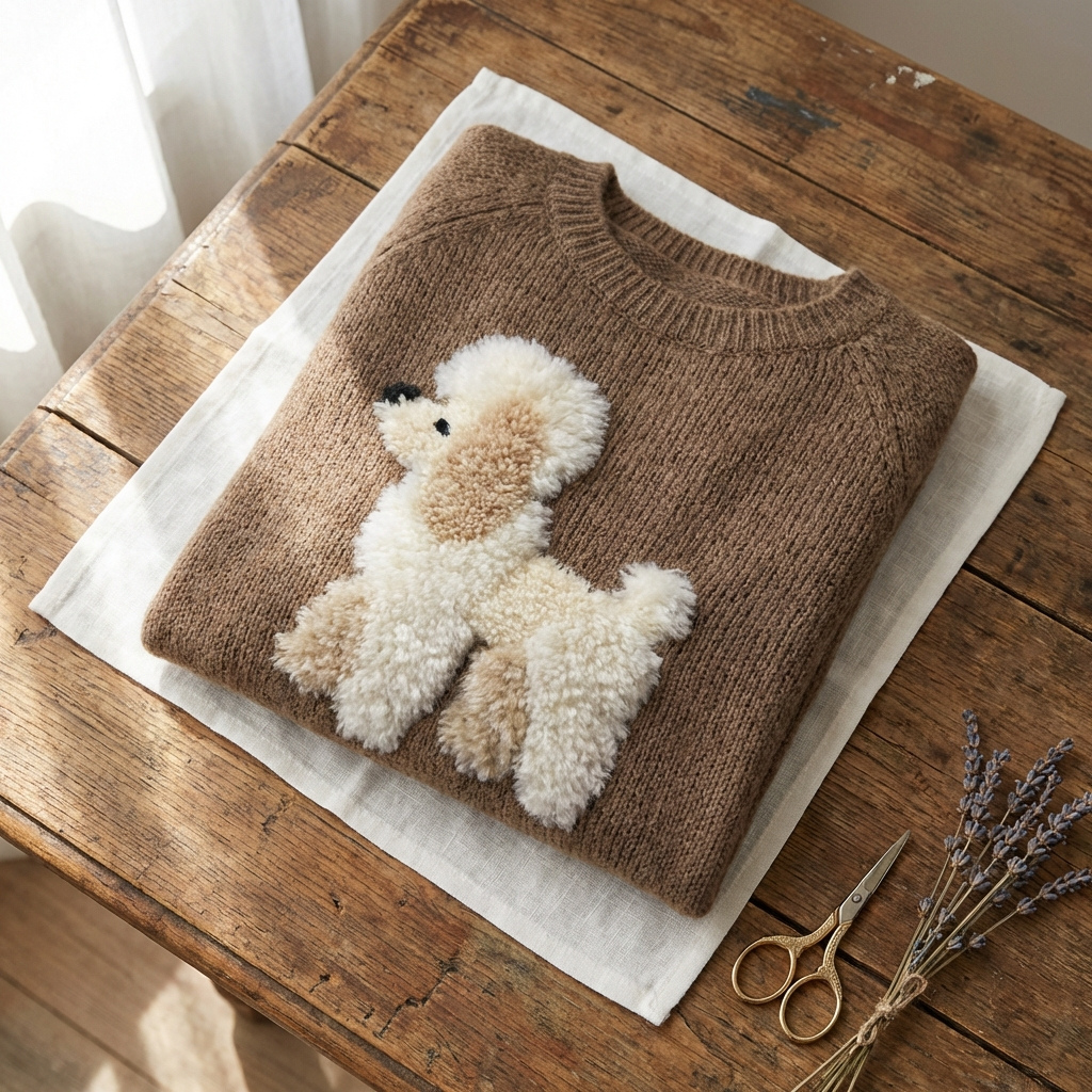 Maglione in cotone marrone chiaro con design barboncino