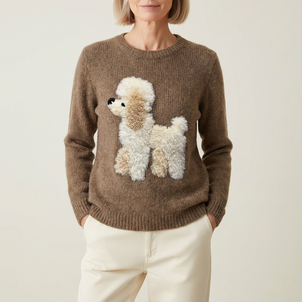 Maglione in cotone marrone chiaro con design barboncino