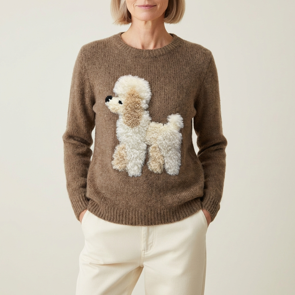 Baumwollpullover Hellbraun mit Pudel-Design