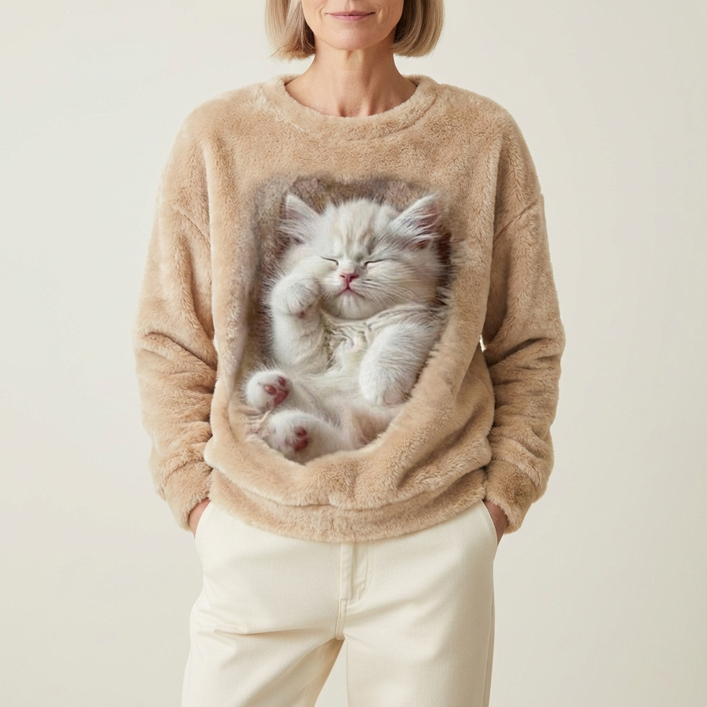 Katoenen trui bruin met slapend kattenmotief