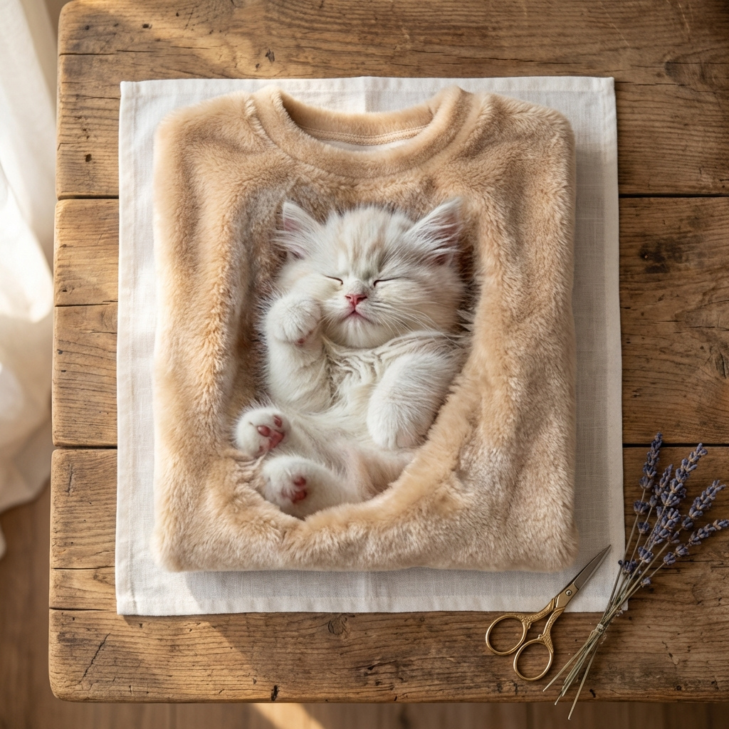Katoenen trui bruin met slapend kattenmotief