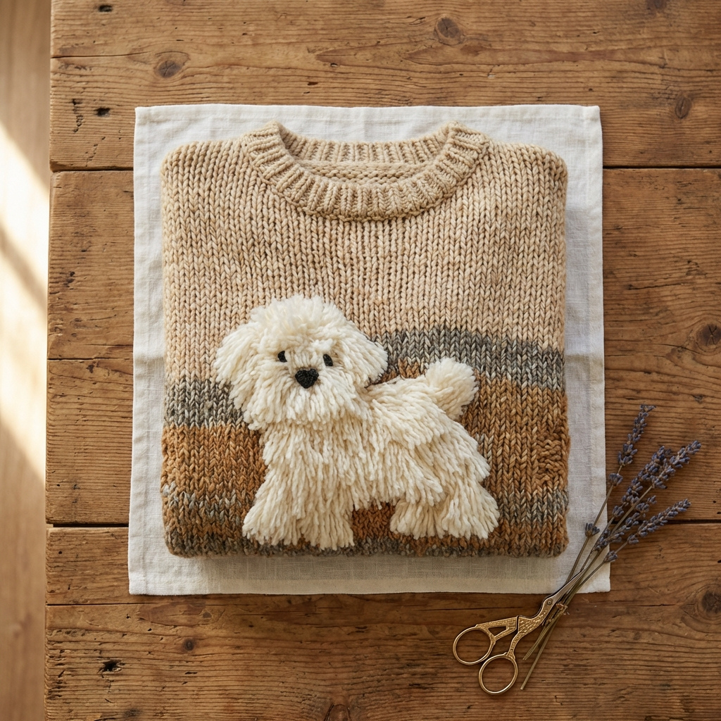 Baumwollpullover Hellbraun mit Streifen und maltesischem Design