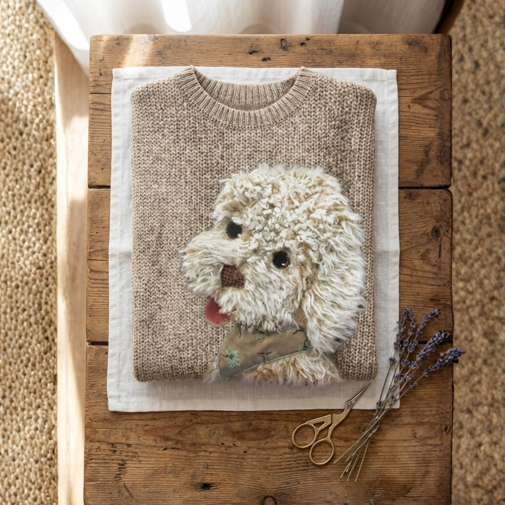 Pull en coton beige avec motif Wheaten Terrier