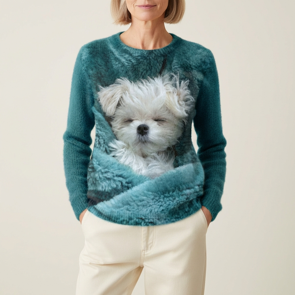 Katoenen trui blauwgroen met Shih Tzu-ontwerp