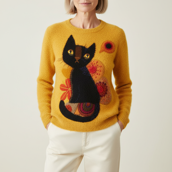 Pull en coton jaune avec motif chat et fleur noir