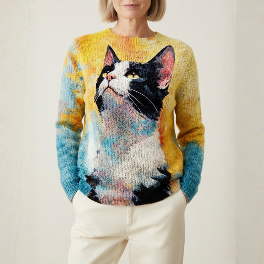 Jersey De Algodón Amarillo Con Diseño De Gato De Colores
