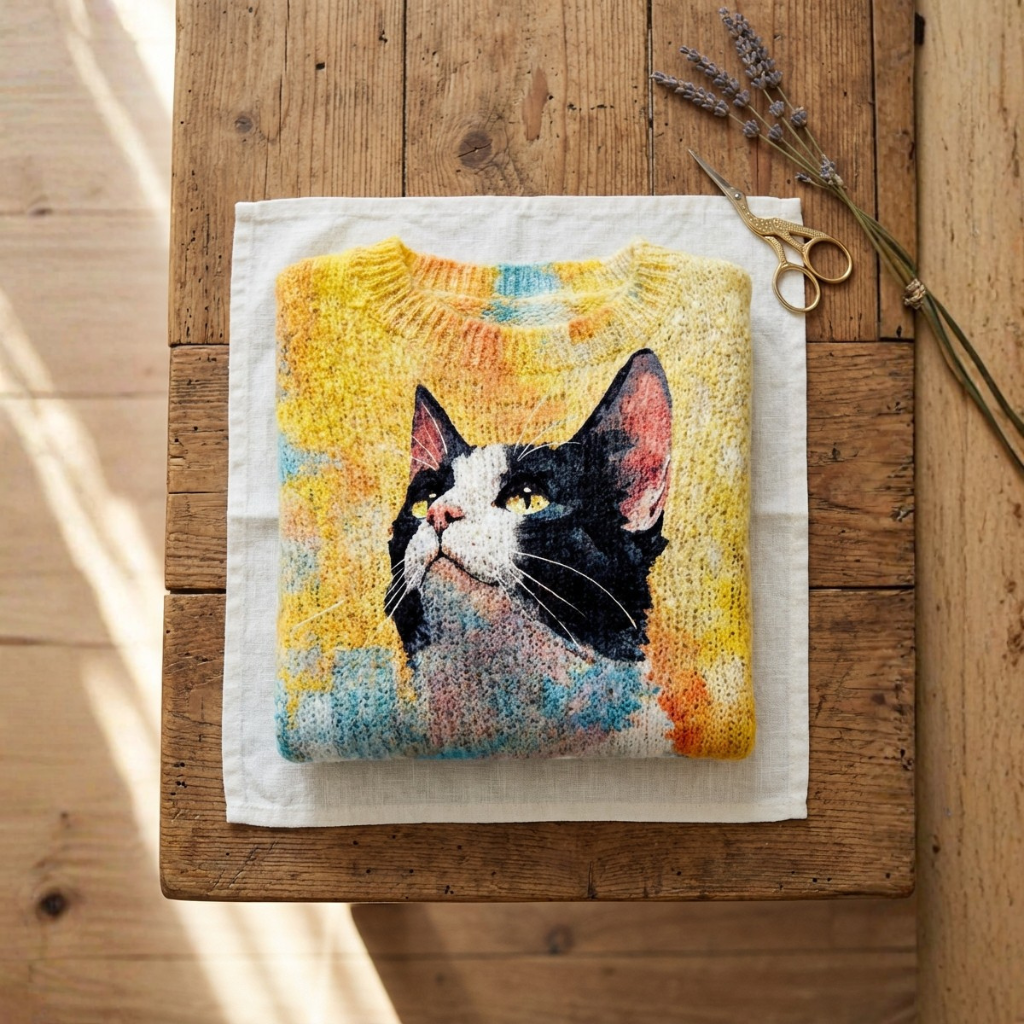 Baumwollpullover Gelb mit buntem Katzendesign