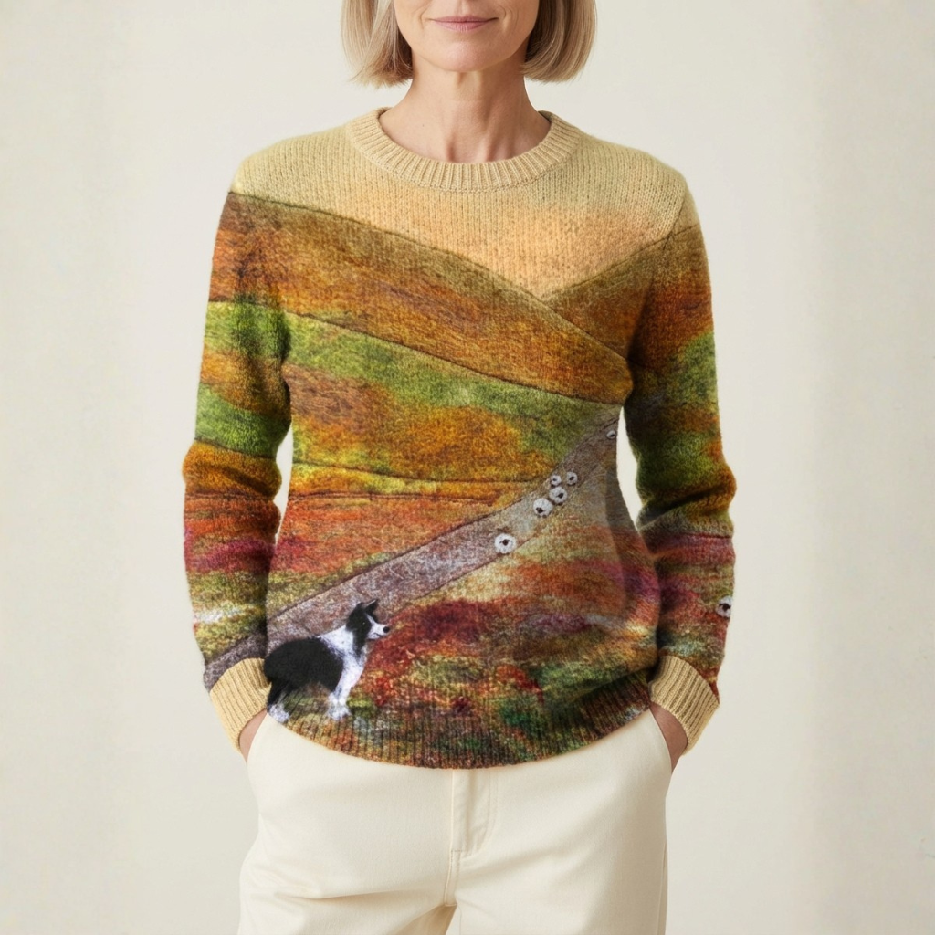 Baumwollpullover Gelb mit Landschafts- und Border-Collie-Design