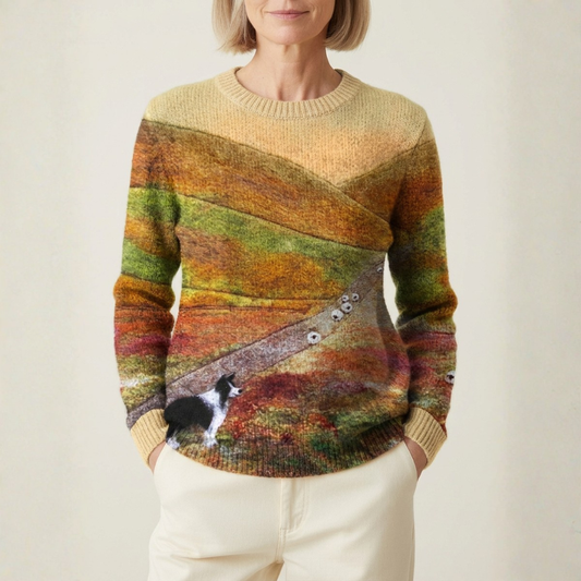 Maglione in cotone giallo con motivo paesaggio e border collie