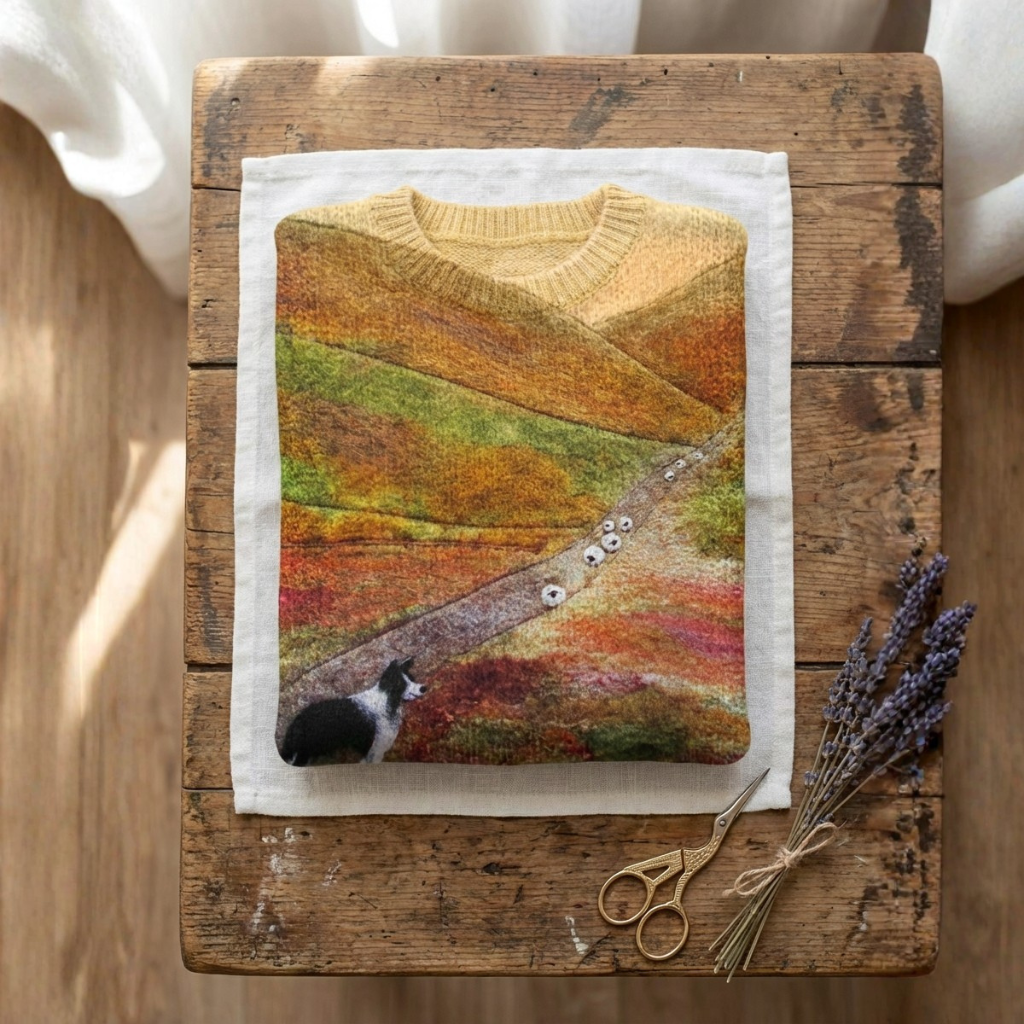 Katoenen Trui Geel Met Landschap & Border Collie Design