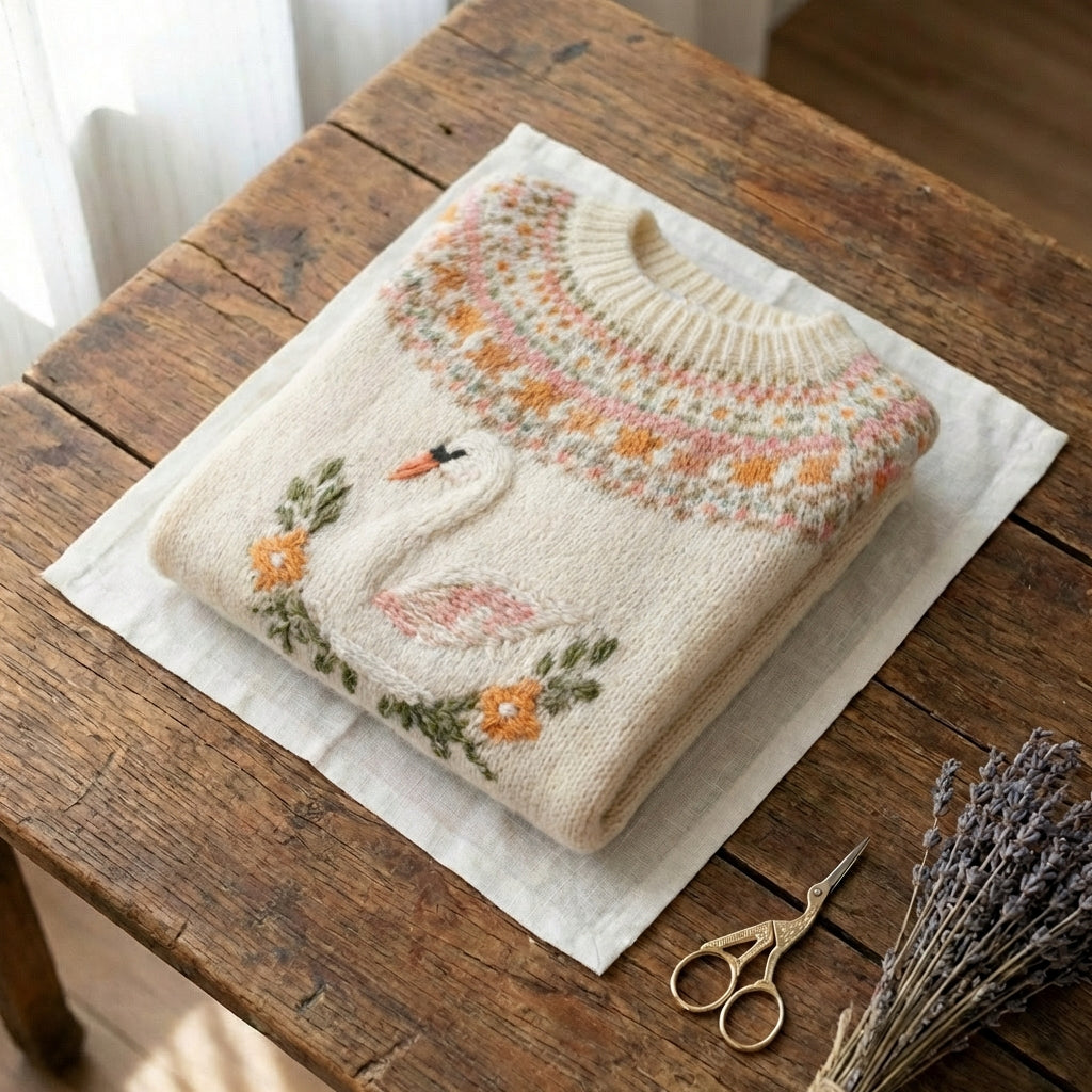 Pull en coton avec broderie d'oiseaux et de fleurs