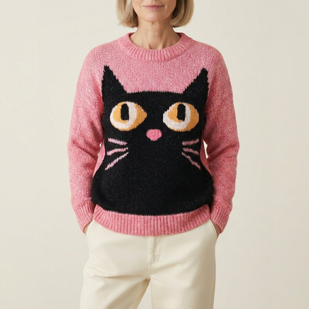 Baumwollpullover mit schwarzem Katzengesicht-Design
