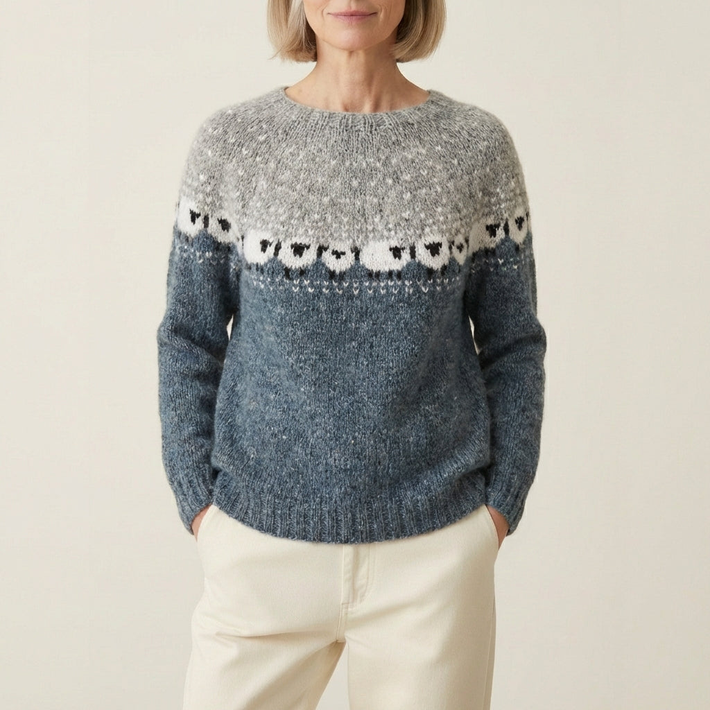 Pull en coton à motif moutons au pâturage