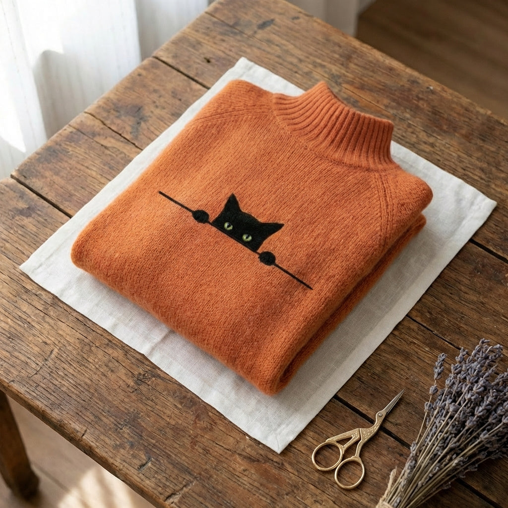 Maglia In Cotone Con Gatto Nero Che Fa Capolino