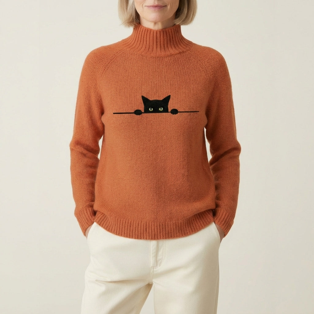 Maglia In Cotone Con Gatto Nero Che Fa Capolino