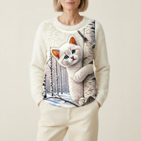 Maglione In Cotone Con Gatto Bianco E Betulla