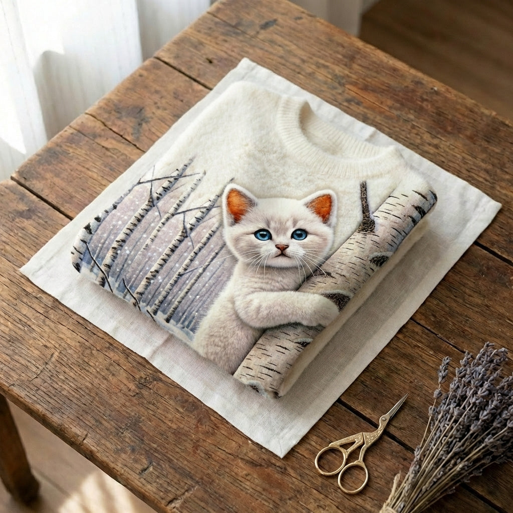 Katoenen Trui Met Witte Kat En Berk