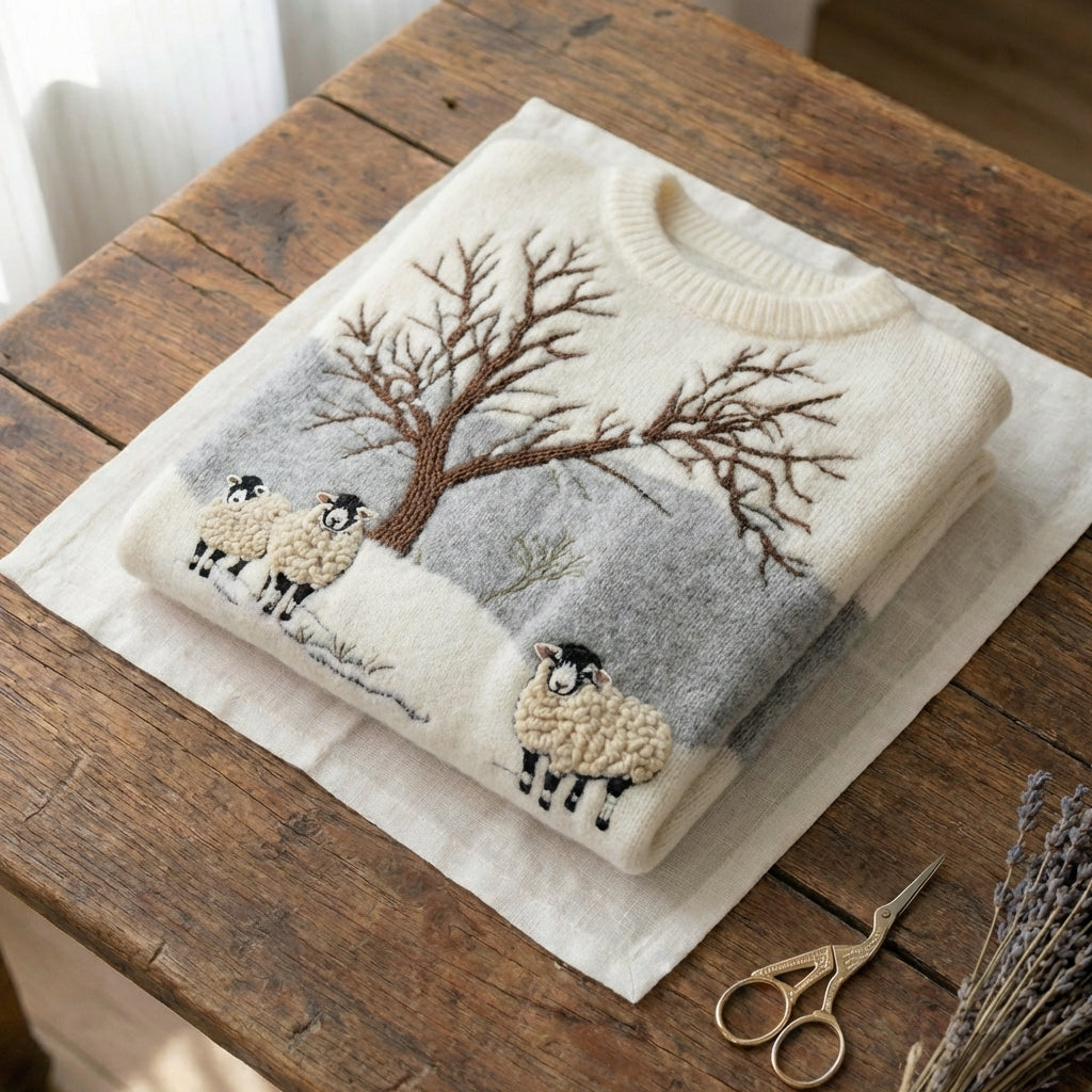 Katoenen trui met winterschaap en kale boomscène