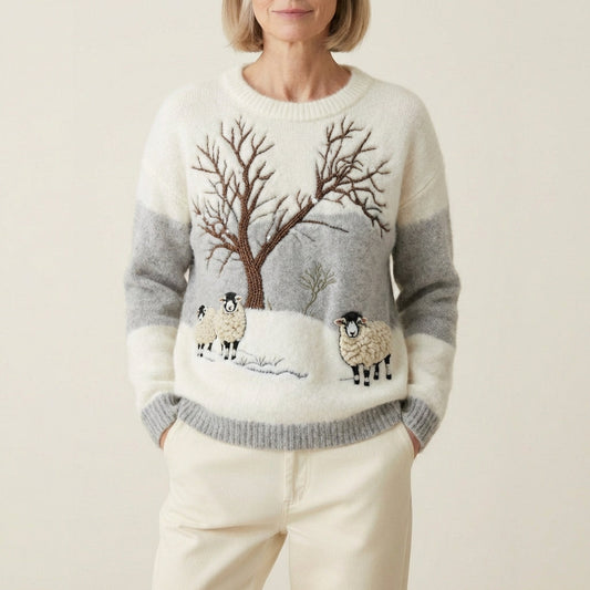 Maglione Di Cotone Con Pecore Invernali E Scena Di Albero Spoglio