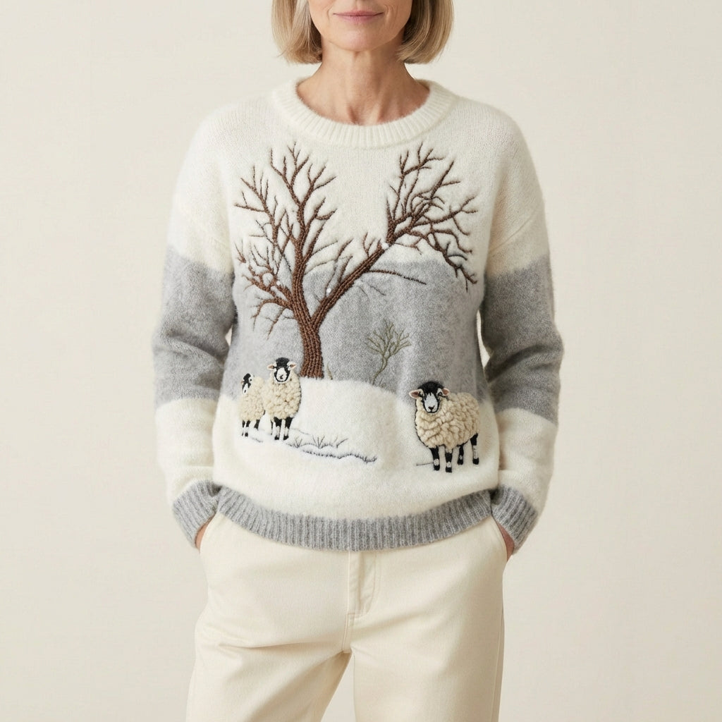 Pull en coton avec mouton d'hiver et scène d'arbre nu