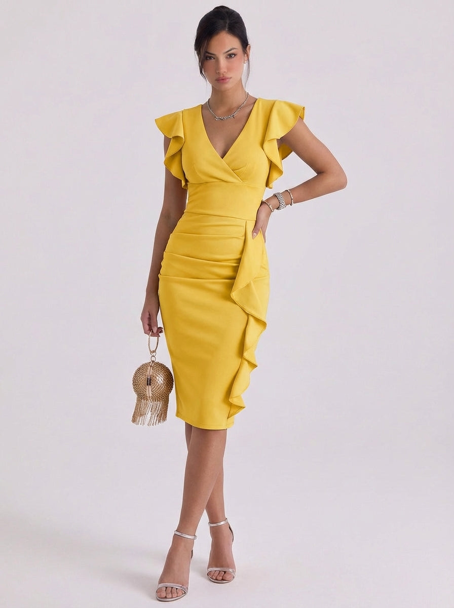 Vestido midi ajustado de crepé con mangas con volantes