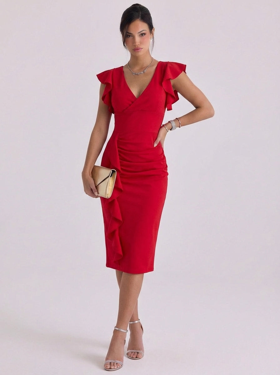Figurbetontes Midikleid aus Krepp mit Rüschenärmeln