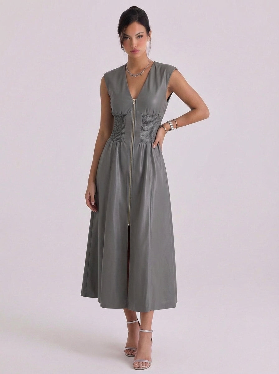 Robe midi zippée en similicuir avec taille smockée