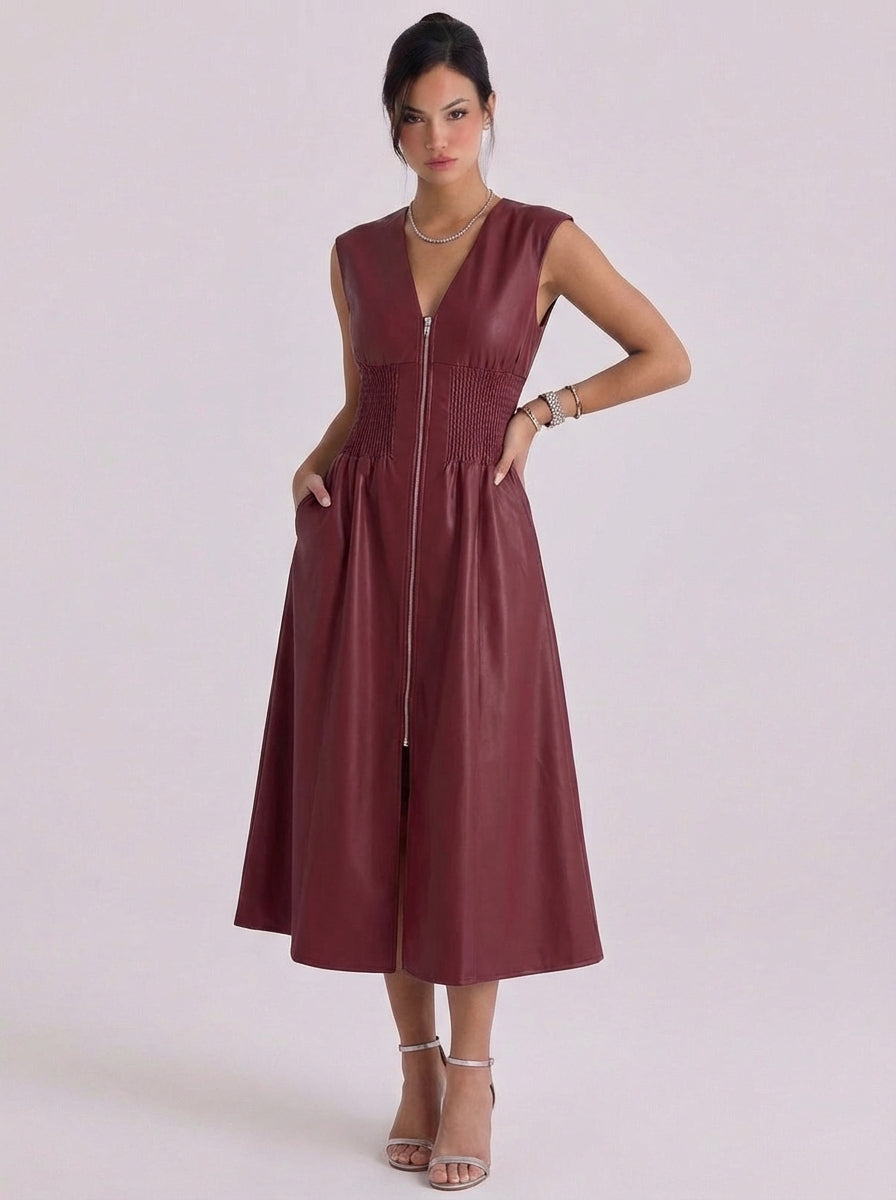 Vestido midi de piel sintética con cremallera delantera y cintura fruncida